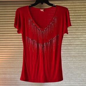 Daytrip Red Short Sleeve V-Neck Top with Embellishments